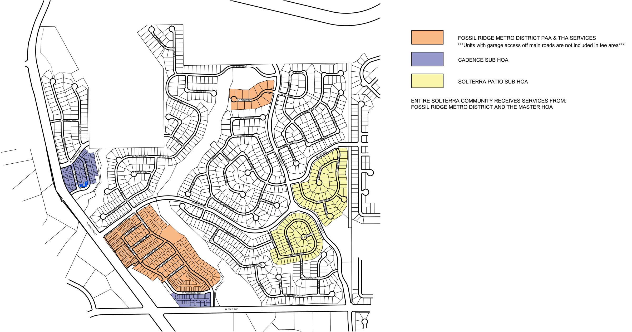Map showing areas falling under control of FRMD, Solterra Patio HOA, and Solterra Cadence HOA